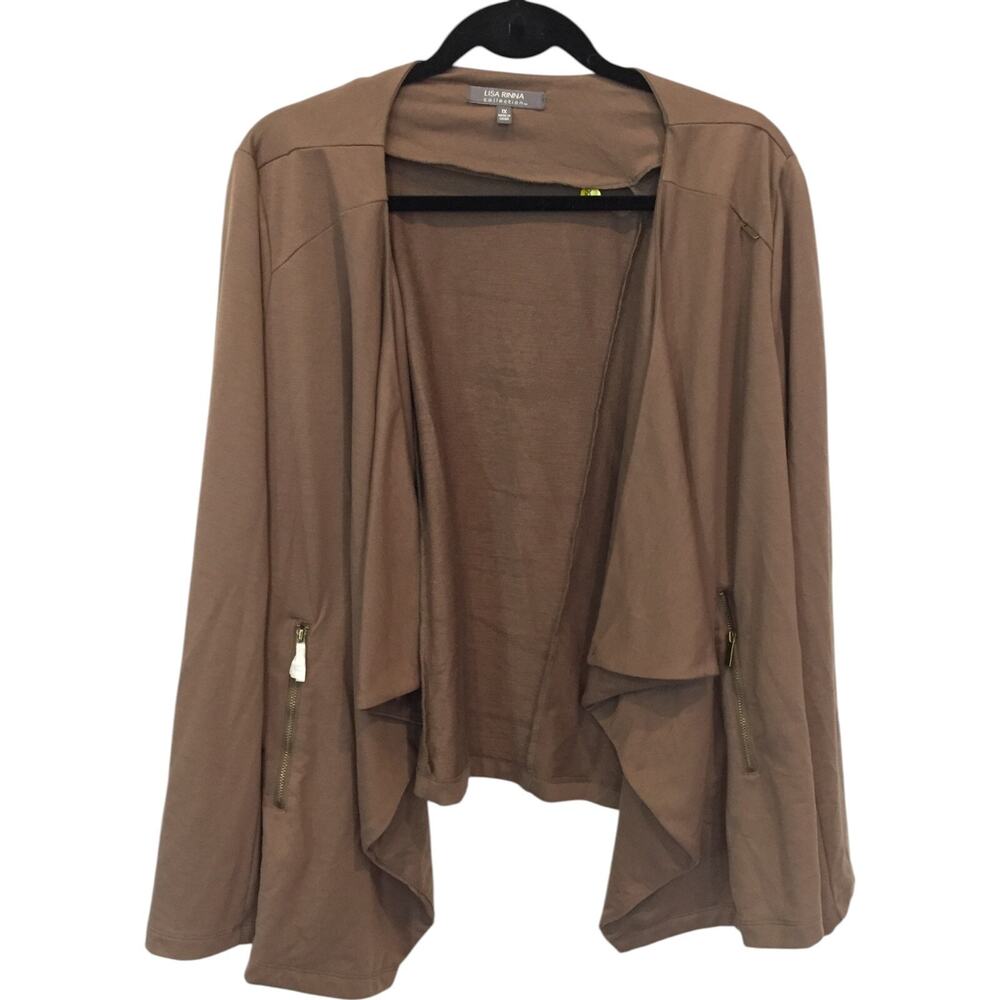 Lisa Rinna Draped Front Cardigan Womens Size 1X Brown Long Sleeve Zip Pockets